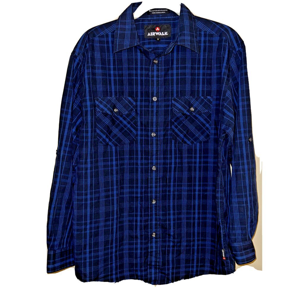Airwalk Boys Size 18‎ Black Blue Plaid Long Sleeve Button Down Shirt